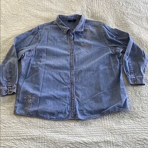 Basic Editions Blue Button Down Shirt with Winter Embroidery